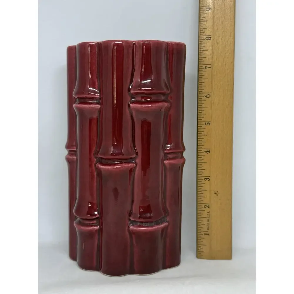Red Wing USA Burgundy Bamboo Ceramic 7.5” Tall Vase #400 Light Grey interior VTG